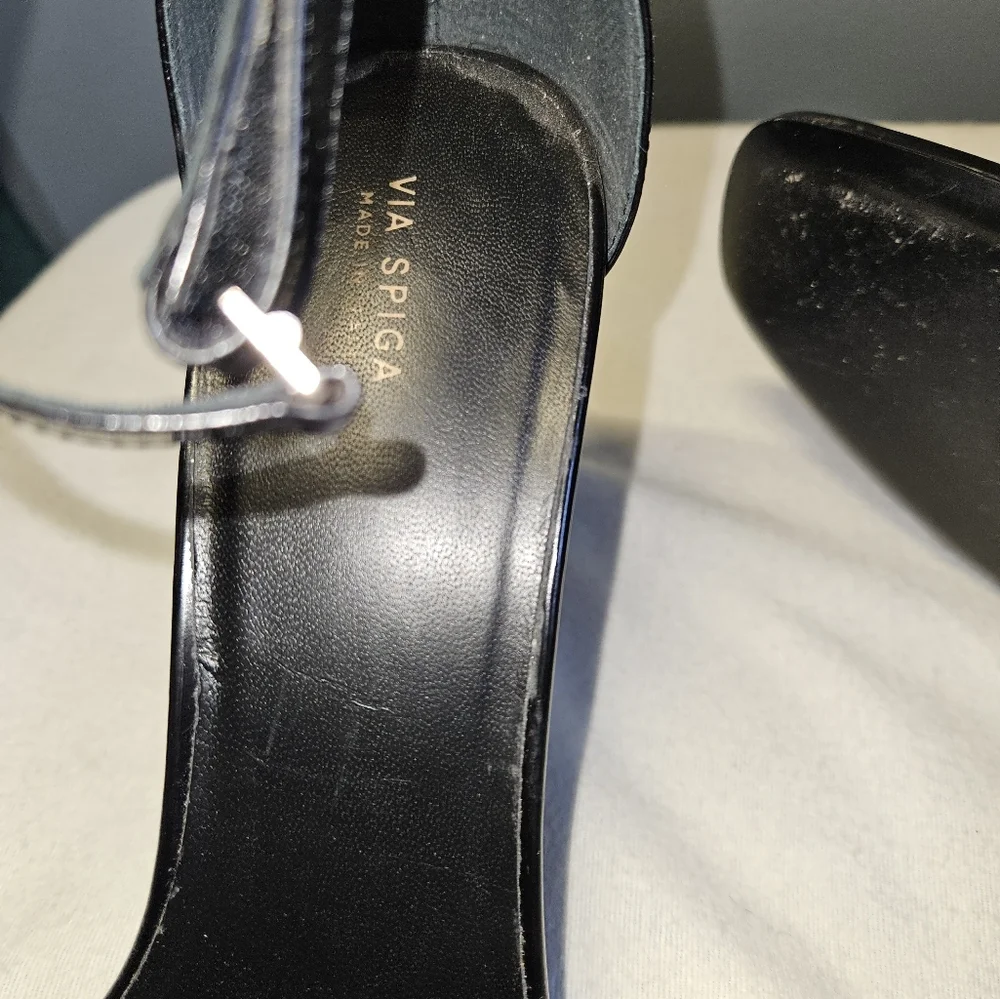 Via Spiga Black Leather Ankle-Strap Block Heel Sandals